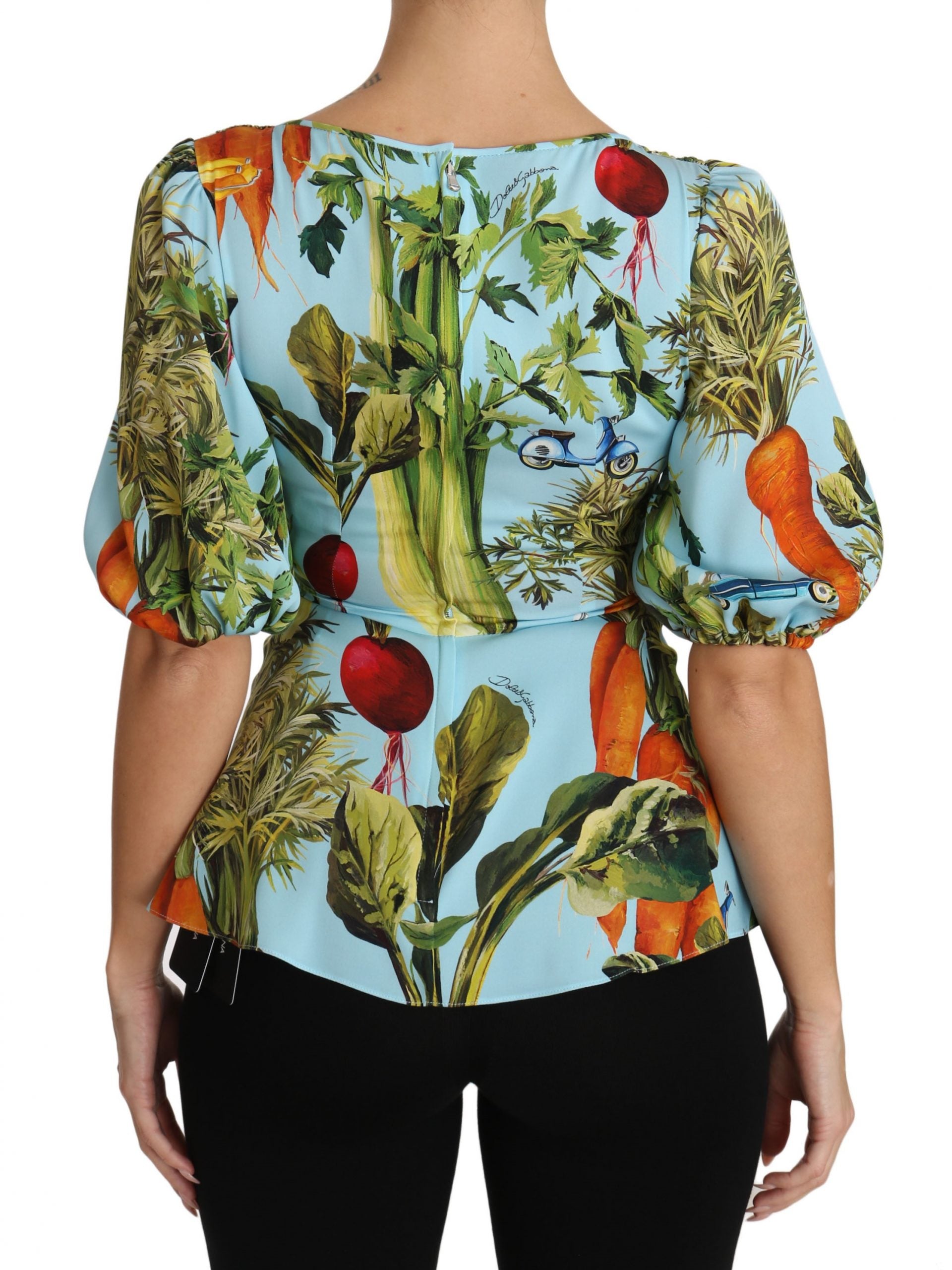 Dolce & Gabbana Multicolor Vegetable Print Silk Top Peplum Wrap Blouse Dolce & Gabbana