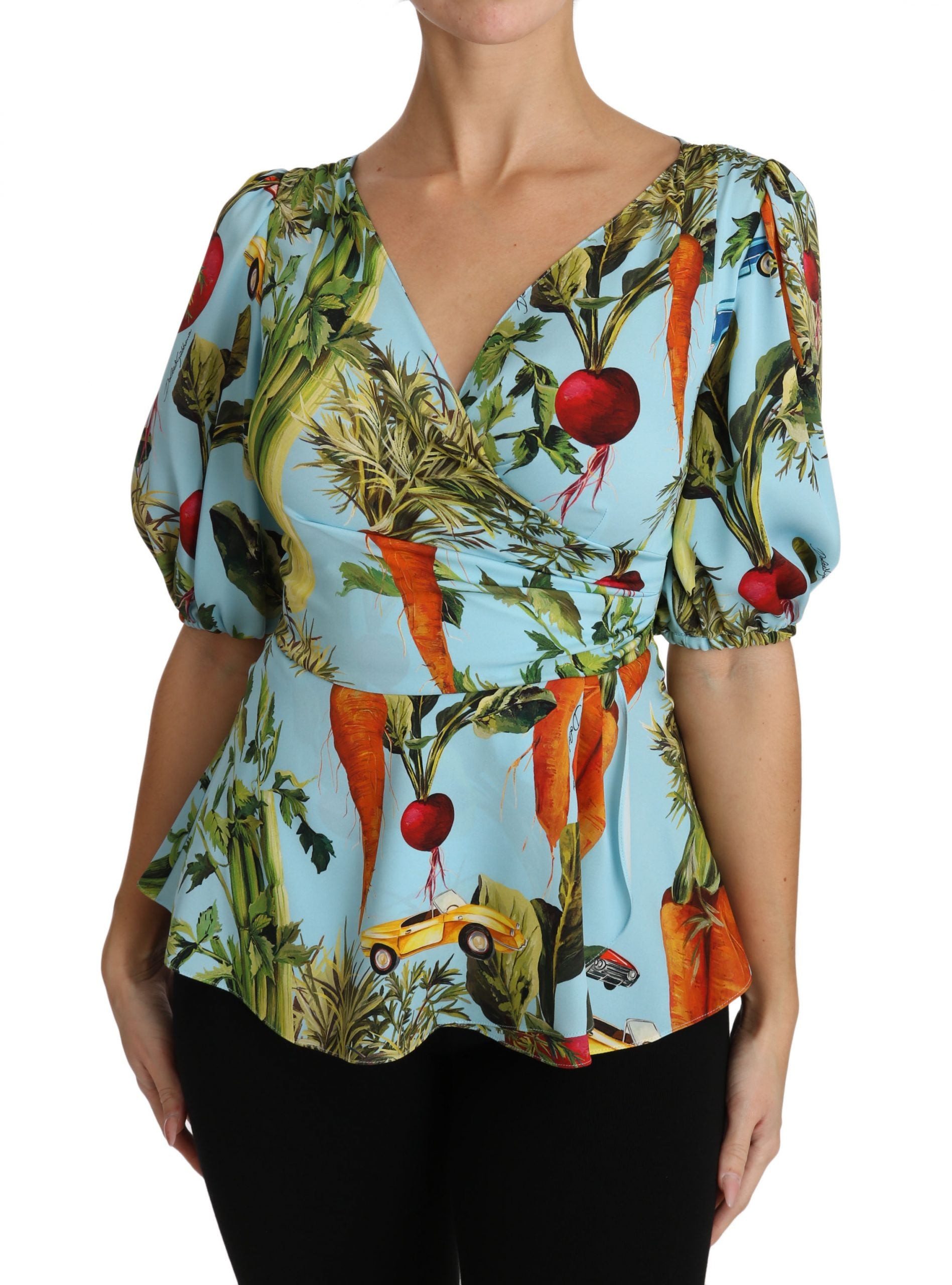 Dolce & Gabbana Multicolor Vegetable Print Silk Top Peplum Wrap Blouse Dolce & Gabbana
