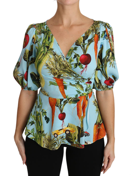 Dolce & Gabbana Multicolor Vegetable Print Silk Top Peplum Wrap Blouse Dolce & Gabbana
