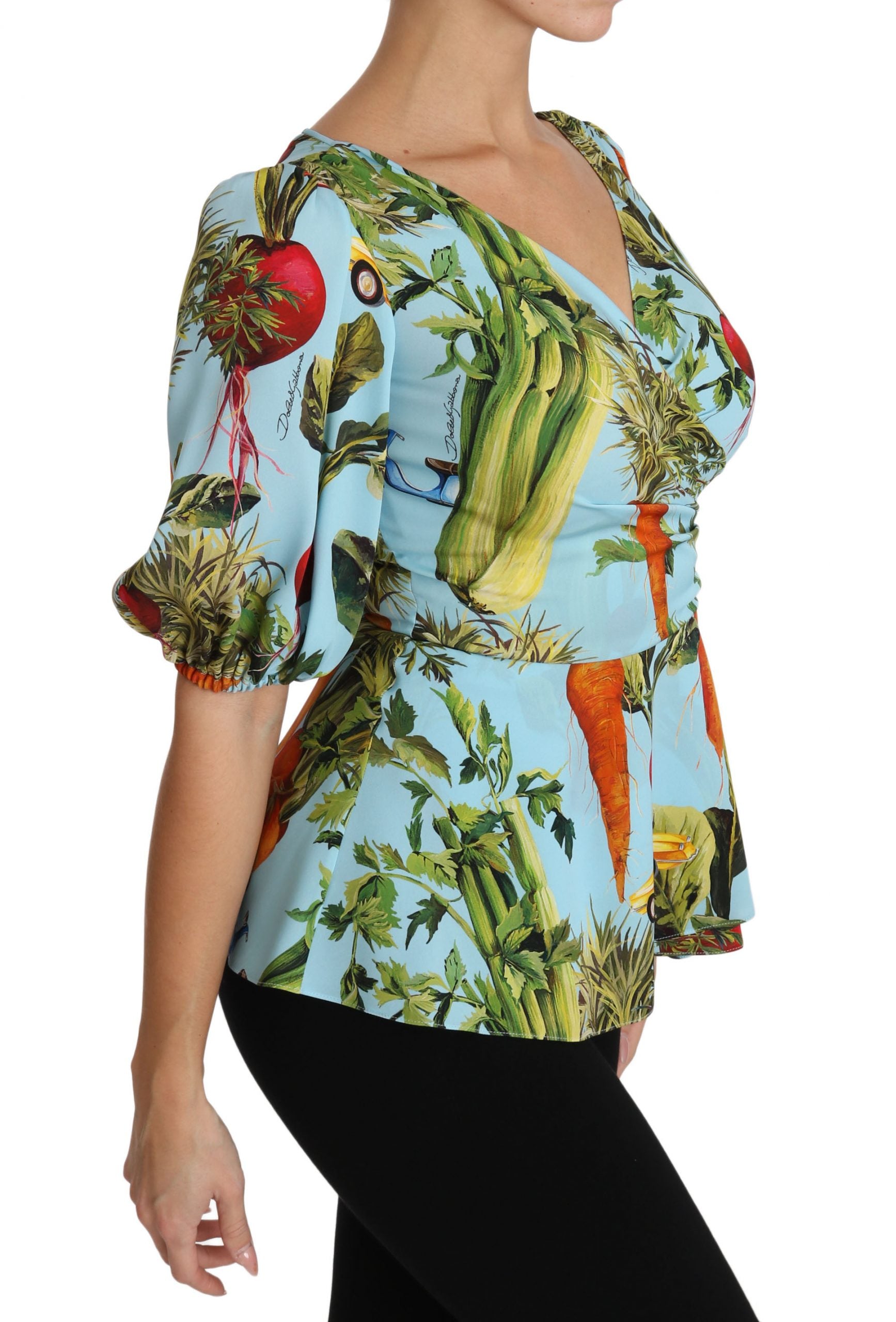 Dolce & Gabbana Multicolor Vegetable Print Silk Top Peplum Wrap Blouse Dolce & Gabbana