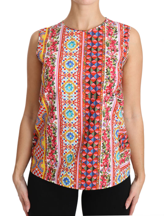 Dolce & Gabbana Carretto Print Pure Cotton Tank Top Floral Blouse Dolce & Gabbana