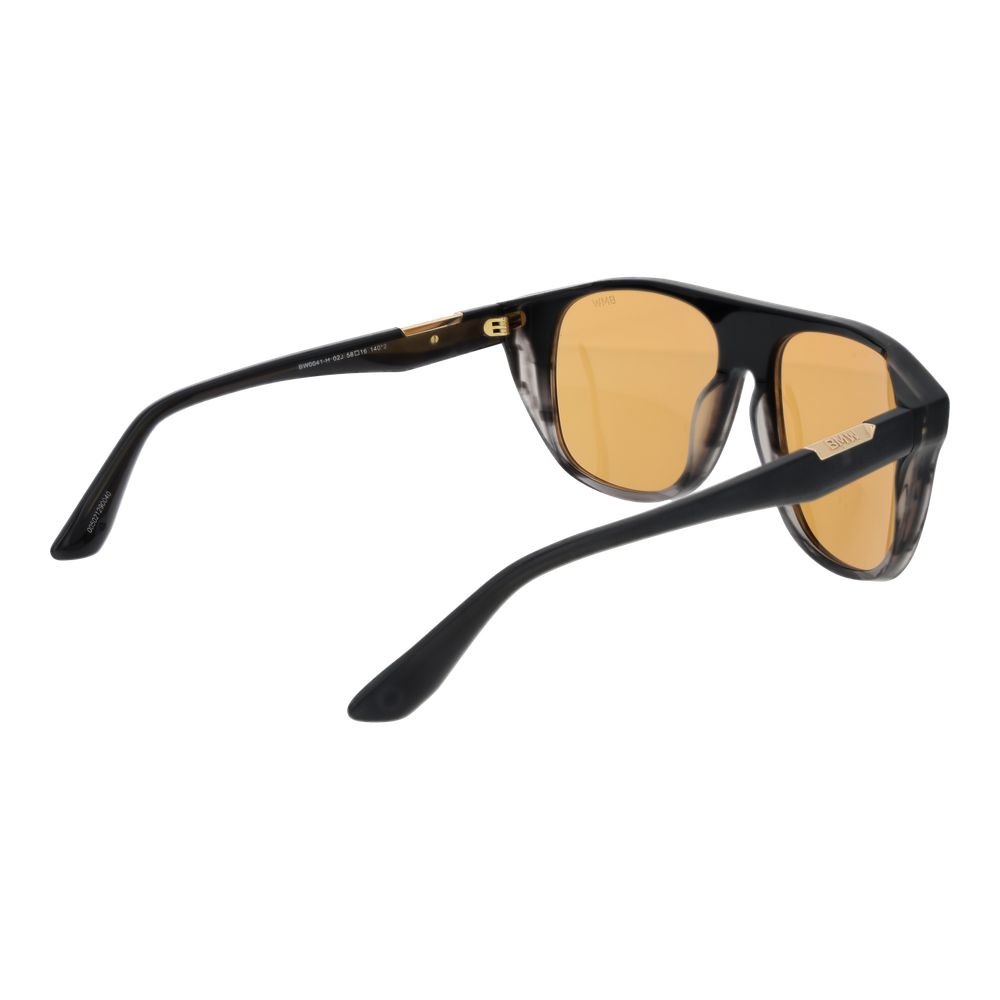 BMW black acetate sunglasses with rounded frames and dark lenses, stylish eyewear for sun protection and fashion.