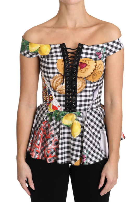 Dolce & Gabbana Black and White Corset Blouse Sicily Lemon Check Top Dolce & Gabbana