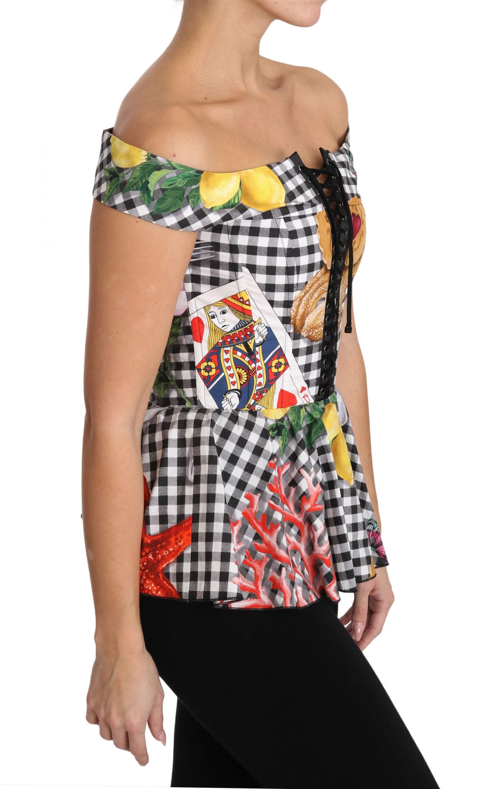 Dolce & Gabbana Black and White Corset Blouse Sicily Lemon Check Top Dolce & Gabbana