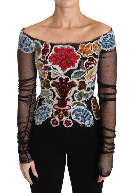 Dolce & Gabbana Black Floral Ricamo Top T-shirt Blouse Dolce & Gabbana