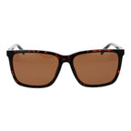Timberland brown plastic sunglasses with rounded frames and dark tinted lenses on a white background.