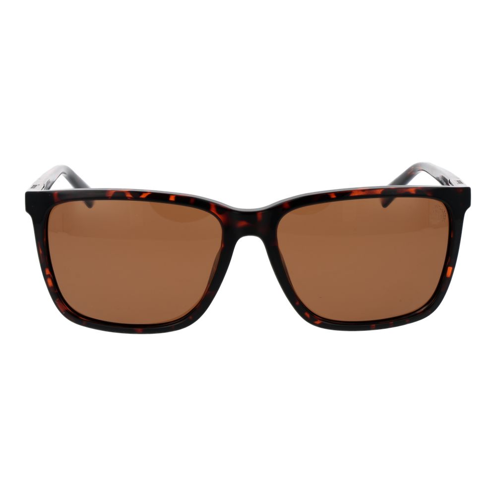Timberland brown plastic sunglasses with rounded frames and dark tinted lenses on a white background.