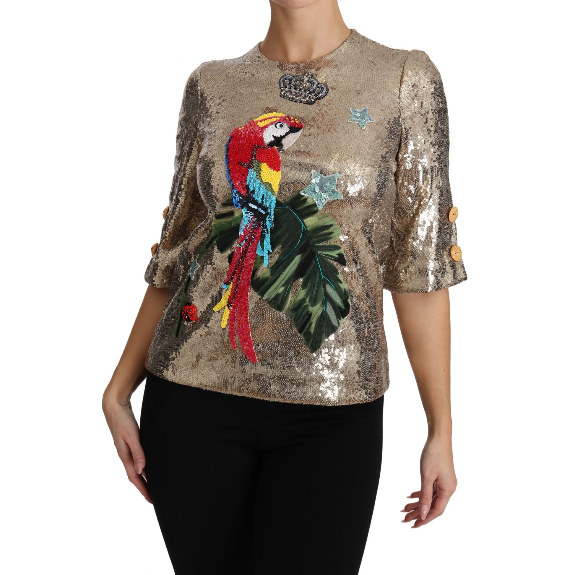Dolce & Gabbana Gold Sequined Parrot Crystal Blouse Dolce & Gabbana