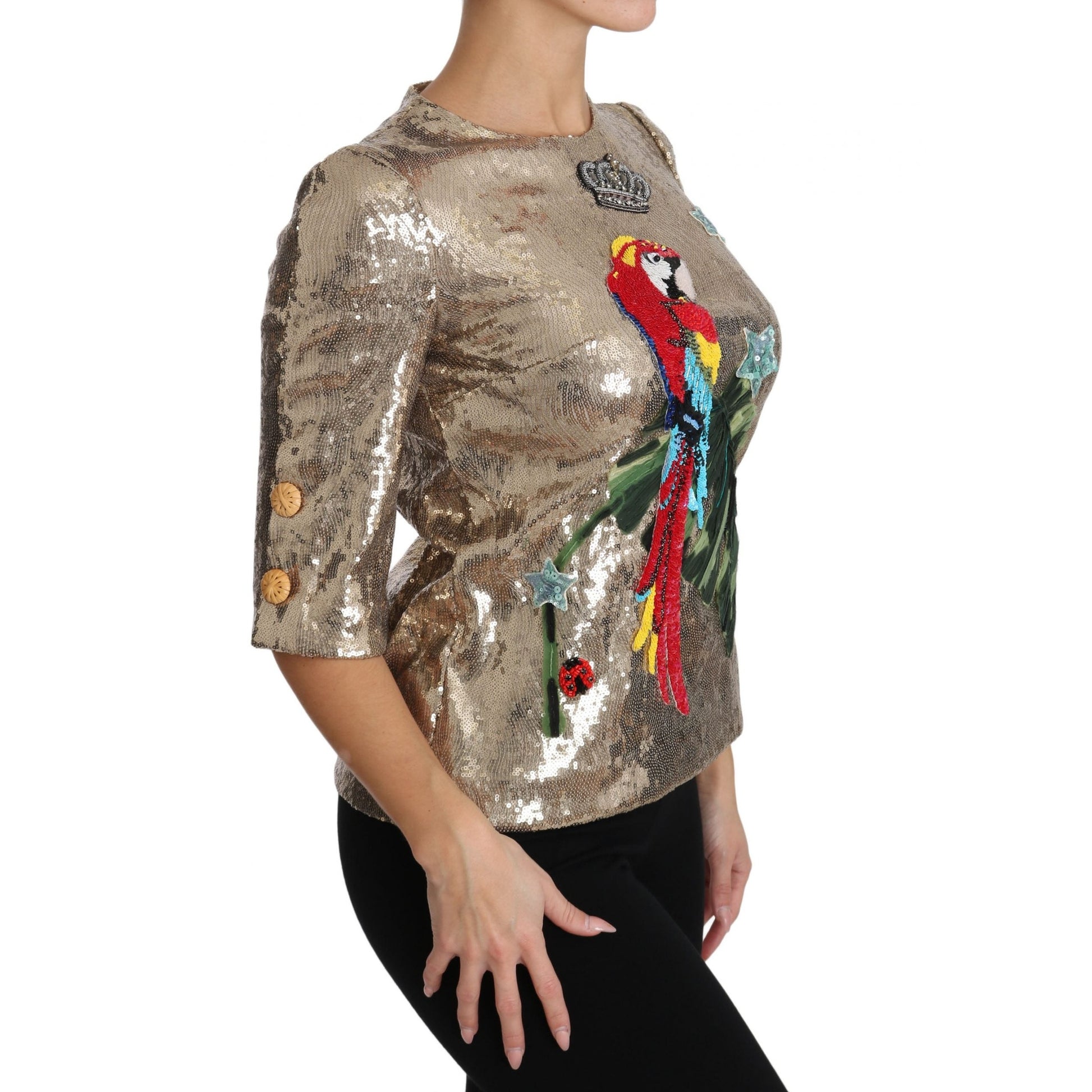 Dolce & Gabbana Gold Sequined Parrot Crystal Blouse Dolce & Gabbana