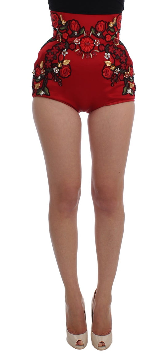 Dolce & Gabbana Red Silk Crystal Roses Shorts Dolce & Gabbana