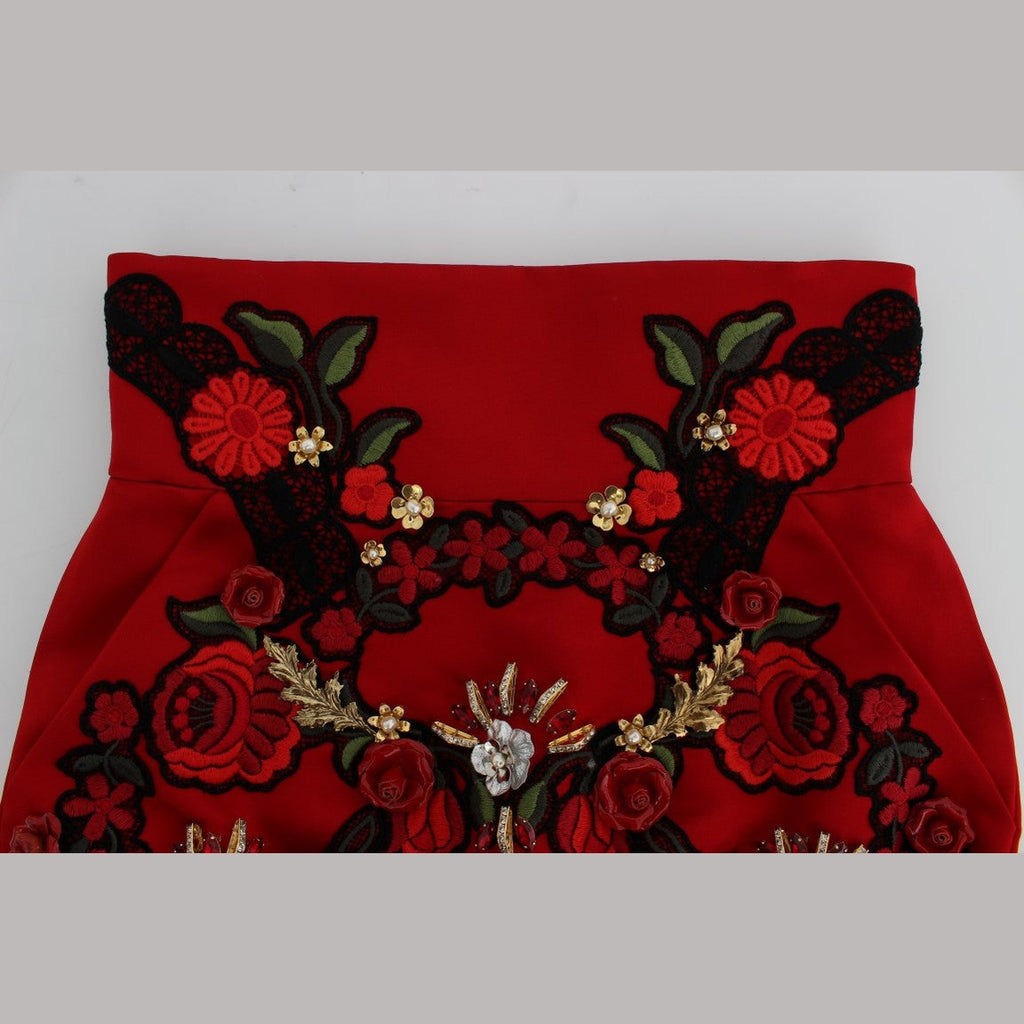 Dolce & Gabbana Red Silk Crystal Roses Shorts