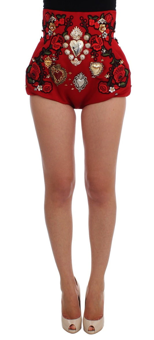 Dolce & Gabbana Red Silk Crystal Roses Shorts Dolce & Gabbana