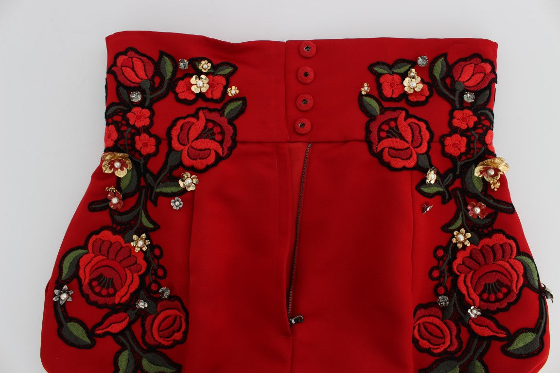 Dolce & Gabbana Red Silk Crystal Roses Shorts Dolce & Gabbana