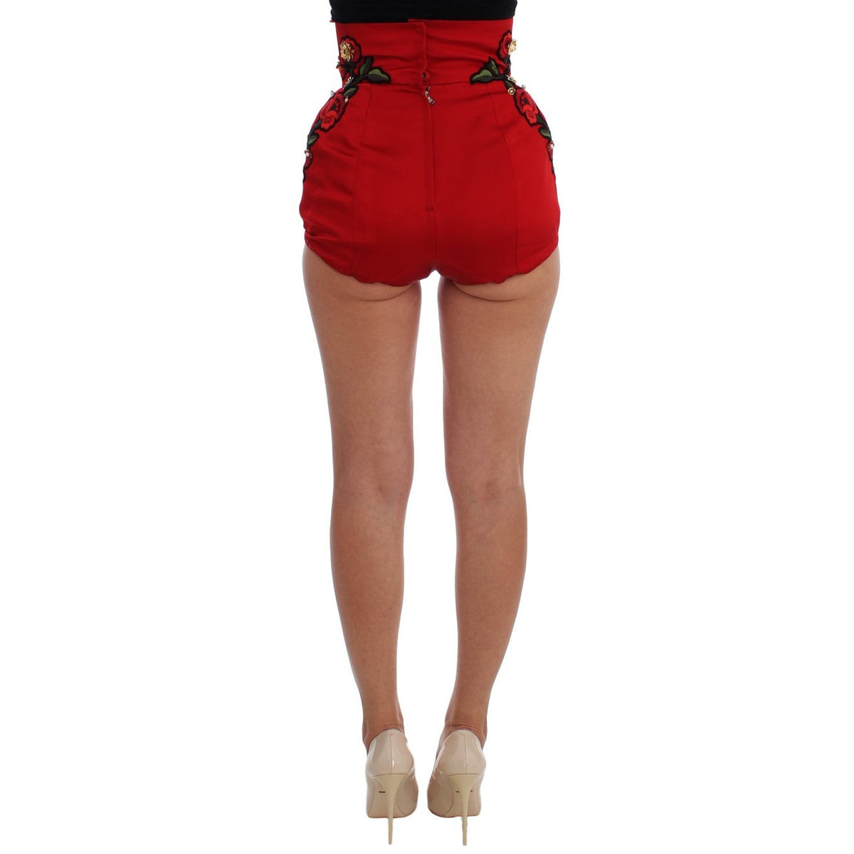 Dolce & Gabbana Red Silk Crystal Roses Shorts
