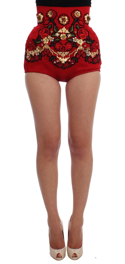 Dolce & Gabbana Red Silk Crystal Roses Shorts Dolce & Gabbana