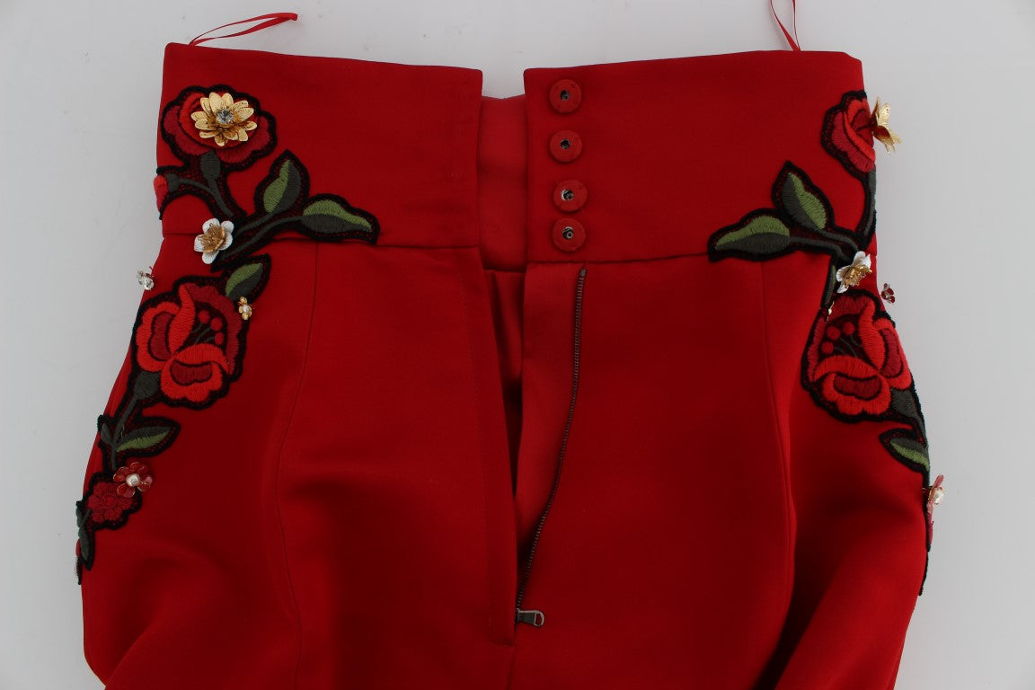 Dolce & Gabbana Red Silk Crystal Roses Shorts Dolce & Gabbana