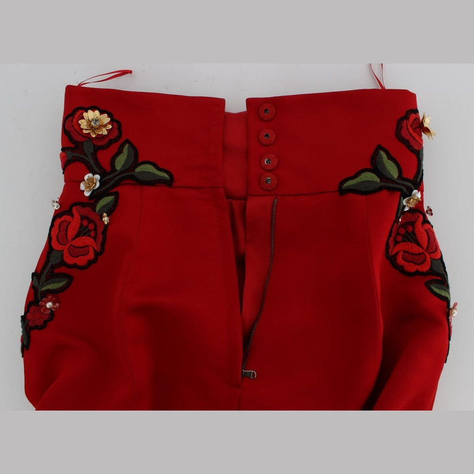Dolce & Gabbana Red Silk Crystal Roses Shorts