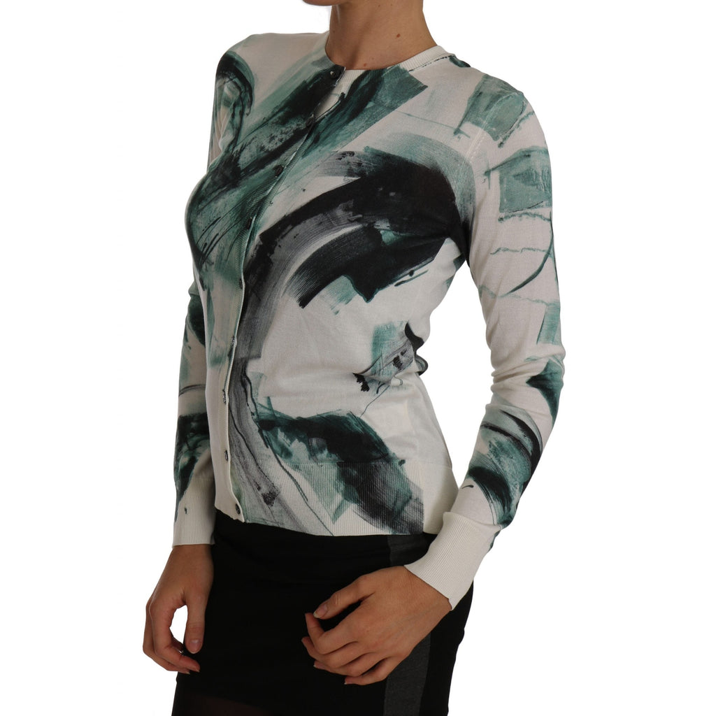 Dolce & Gabbana White Silk Cardigan Lightweight Paint Stroke Sweater