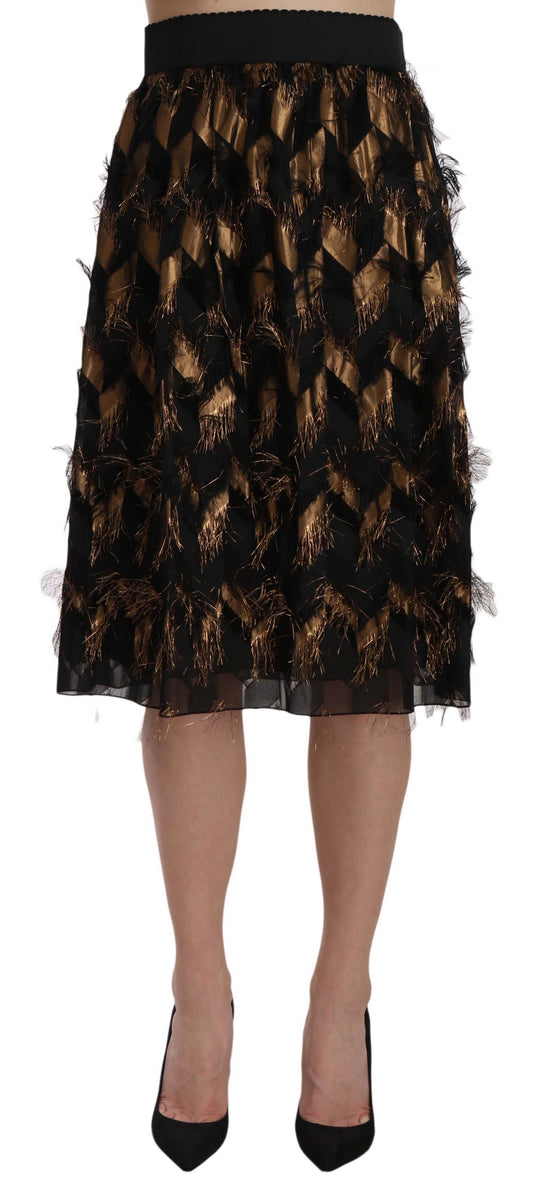 Dolce & Gabbana Black Gold Fringe Metallic Pencil A-line Skirt Dolce & Gabbana
