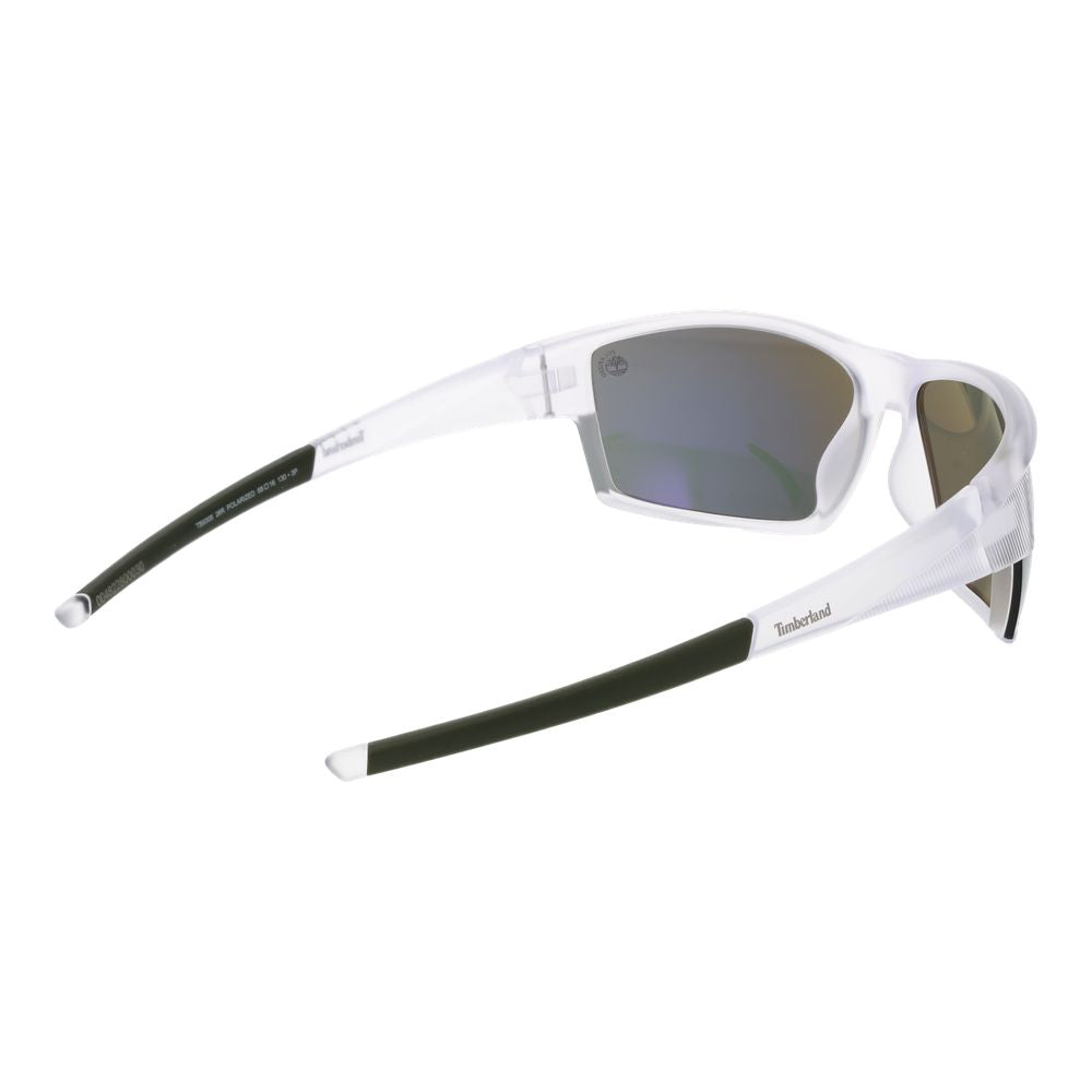 Timberland white plastic sunglasses with rectangular frames and dark lenses on a white background.