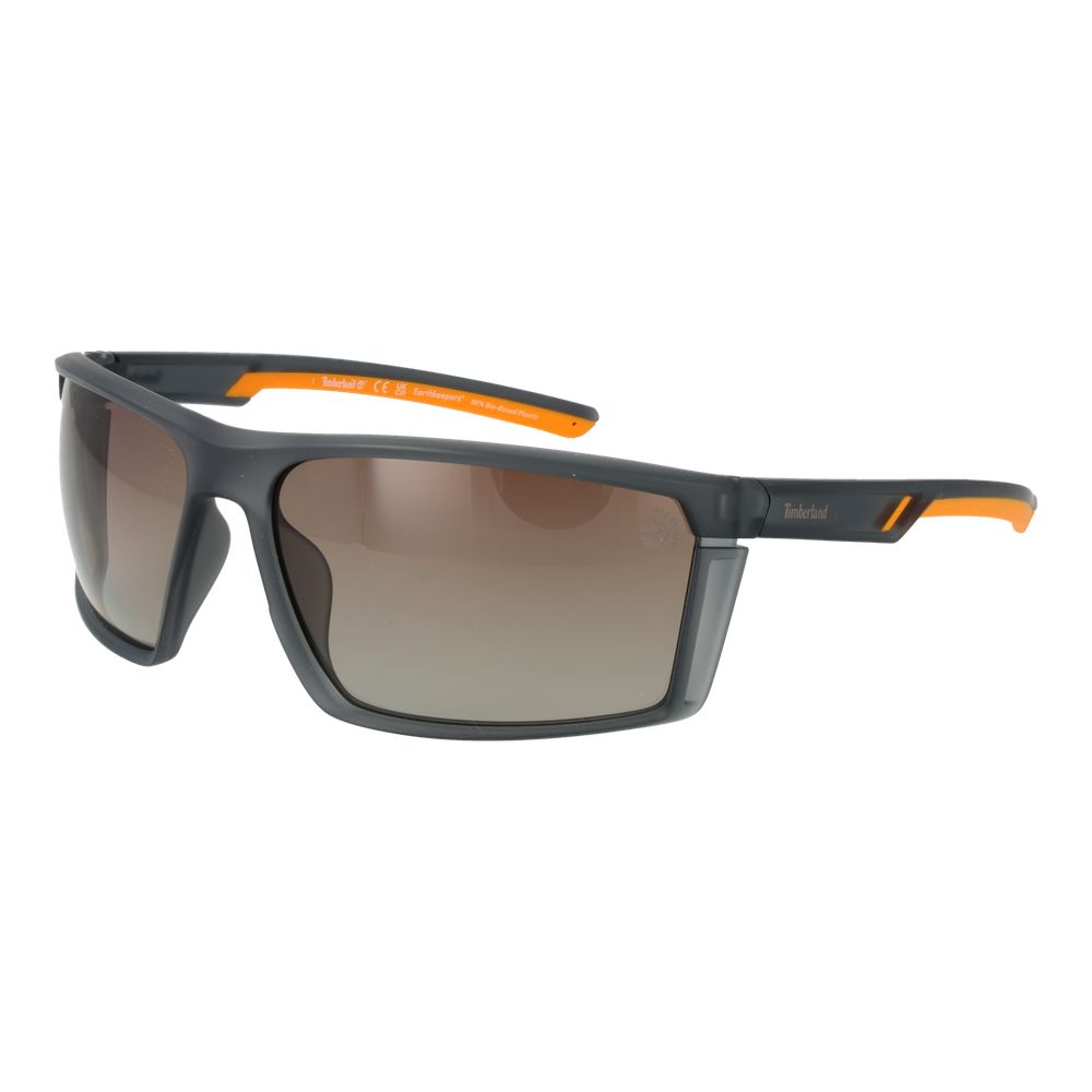 Timberland gray plastic sunglasses with rectangular frames and dark lenses, stylish eyewear for outdoor activities.