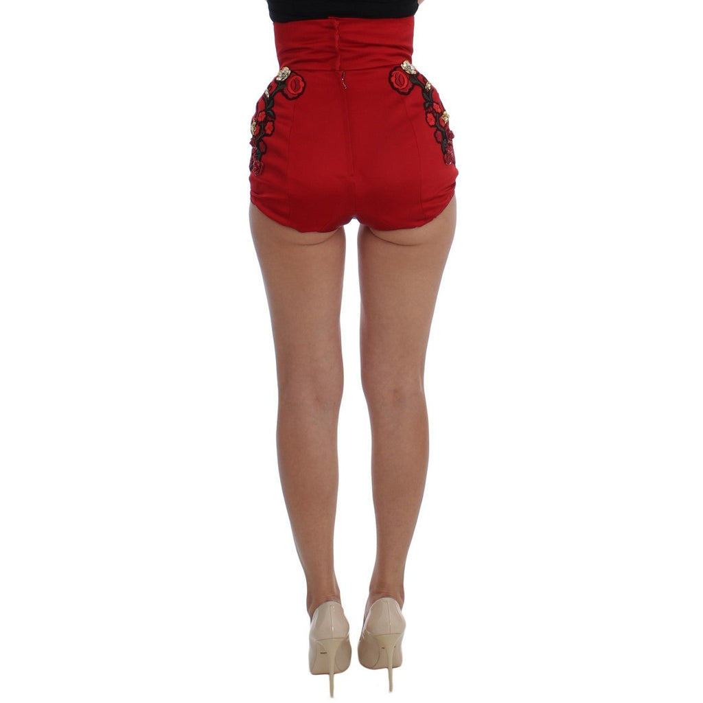 Dolce & Gabbana Red Silk Crystal Roses Shorts