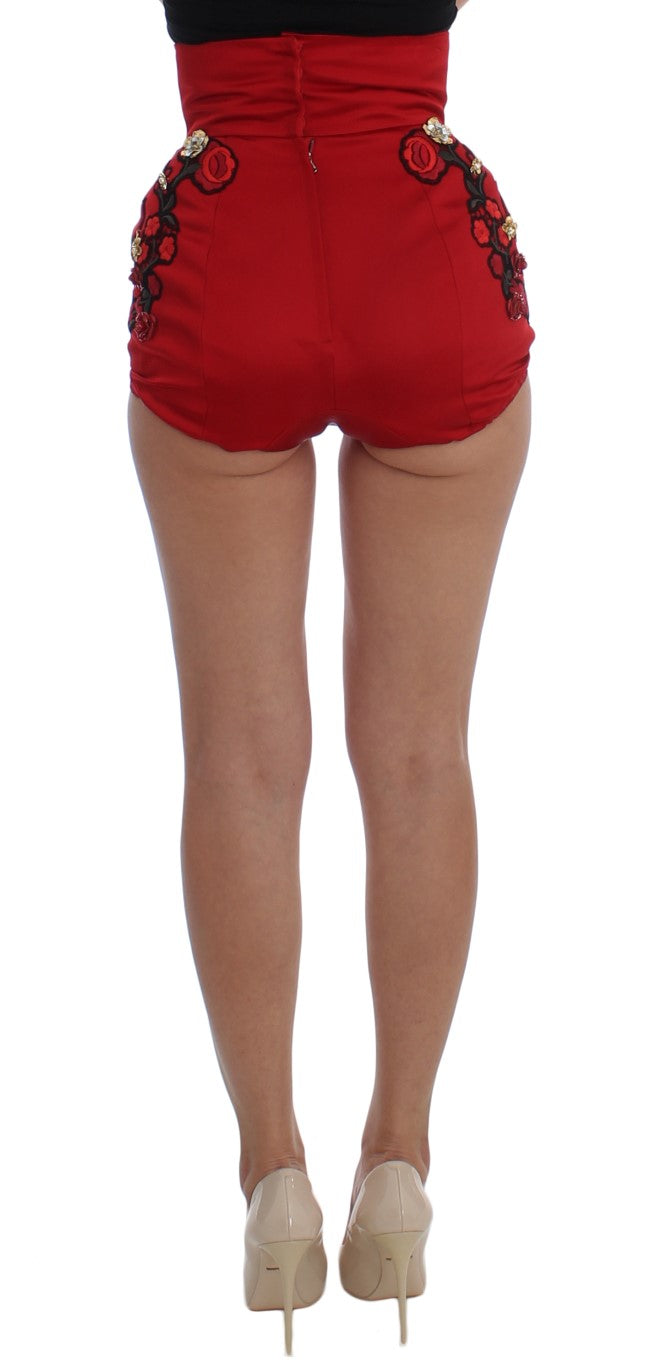 Dolce & Gabbana Red Silk Crystal Roses Shorts Dolce & Gabbana