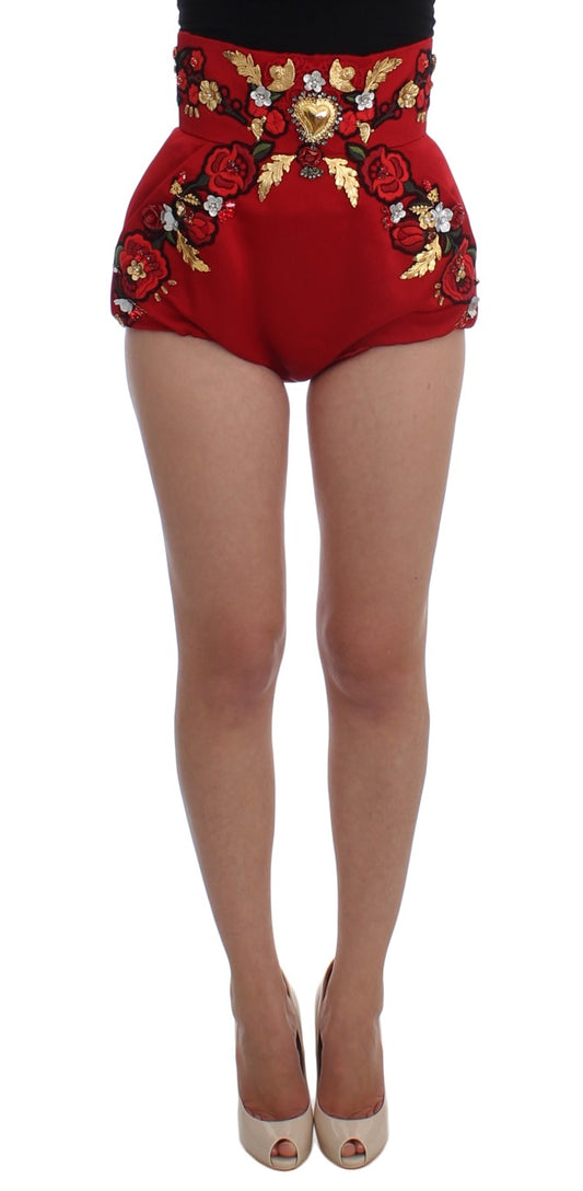 Dolce & Gabbana Red Silk Crystal Roses Shorts Dolce & Gabbana