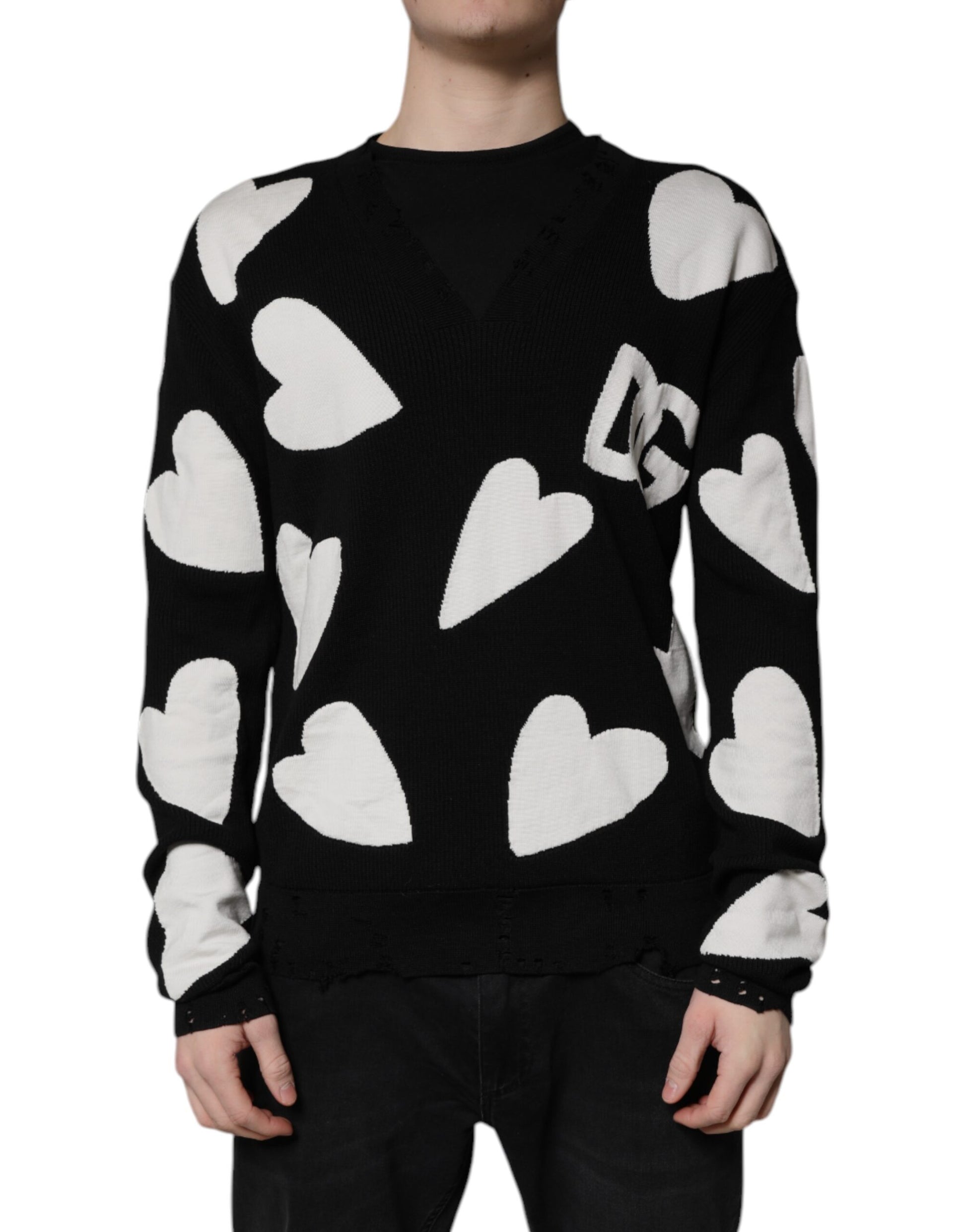 Dolce & Gabbana Black Hearts Silk Crew Neck Pullover Sweater Dolce & Gabbana