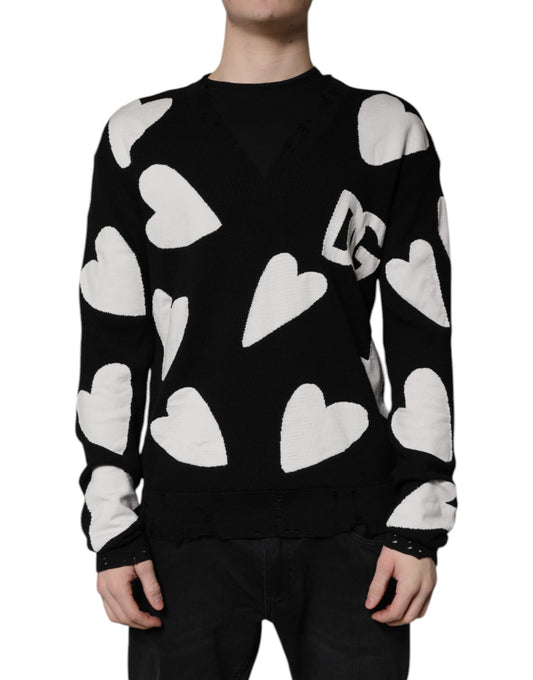 Dolce & Gabbana Black Hearts Silk Crew Neck Pullover Sweater Dolce & Gabbana
