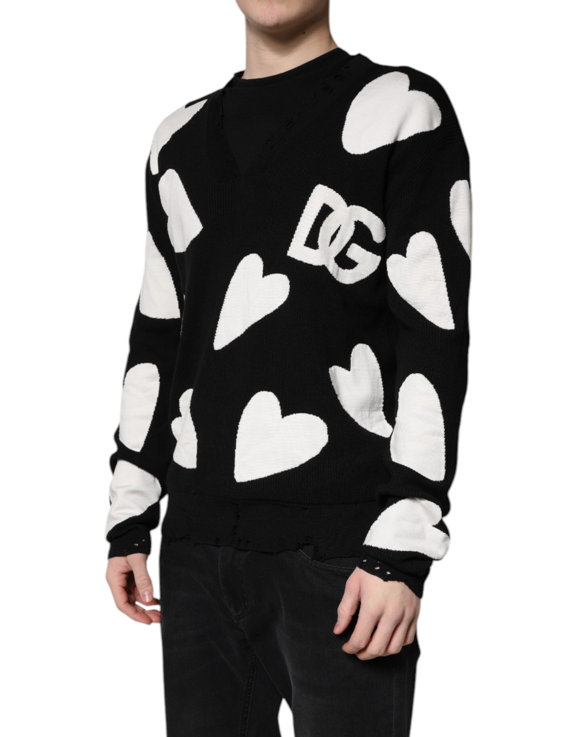 Dolce & Gabbana Black Hearts Silk Crew Neck Pullover Sweater Dolce & Gabbana