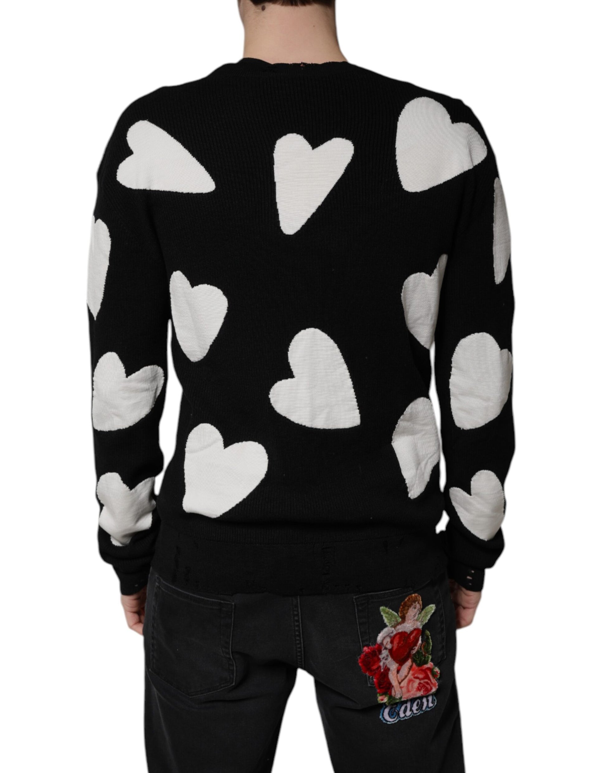 Dolce & Gabbana Black Hearts Silk Crew Neck Pullover Sweater Dolce & Gabbana