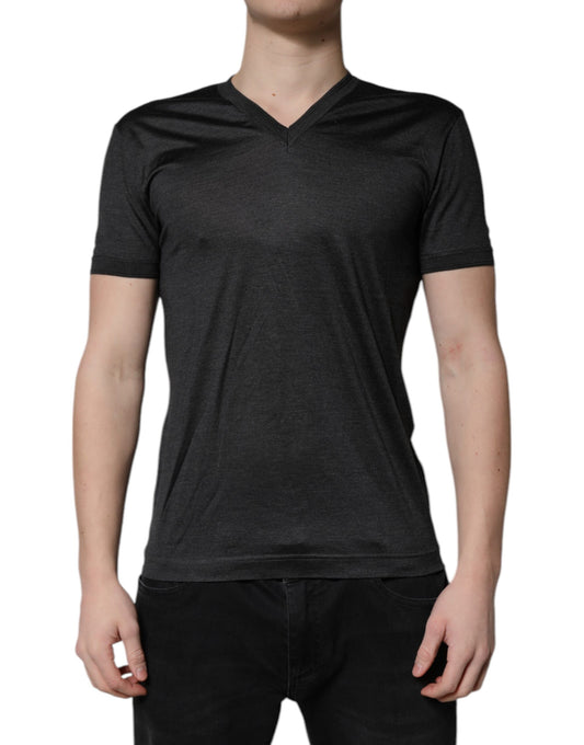 Dolce & Gabbana Dark Gray Silk V-neck Short Sleeves T-shirt Dolce & Gabbana