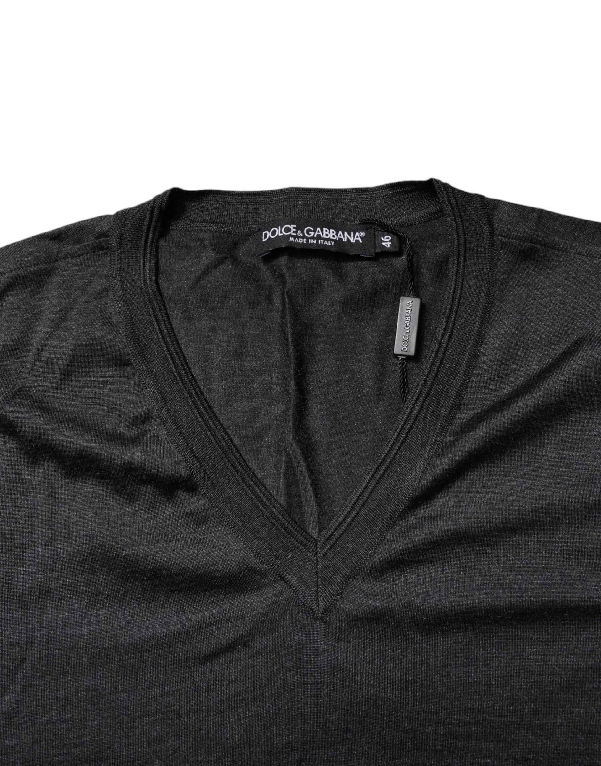 Dolce & Gabbana Dark Gray Silk V-neck Short Sleeves T-shirt Dolce & Gabbana