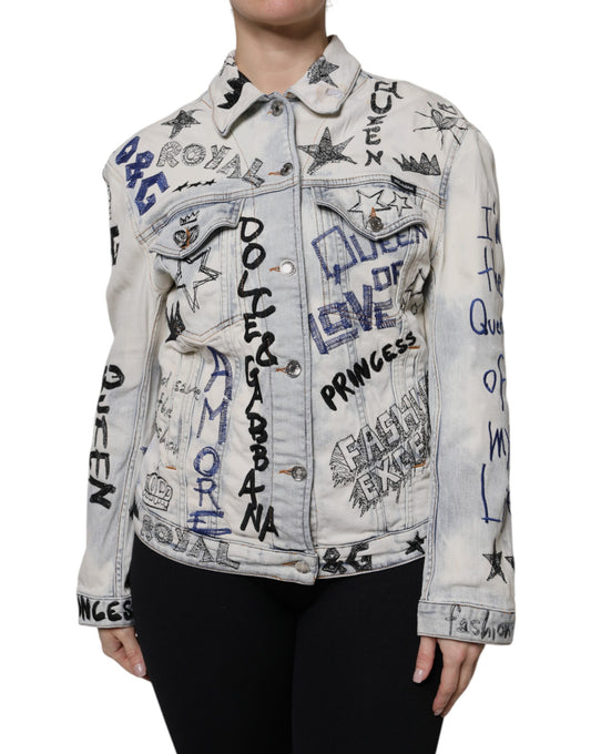 Dolce & Gabbana Light Blue Graffiti Button Down Denim Jacket Dolce & Gabbana