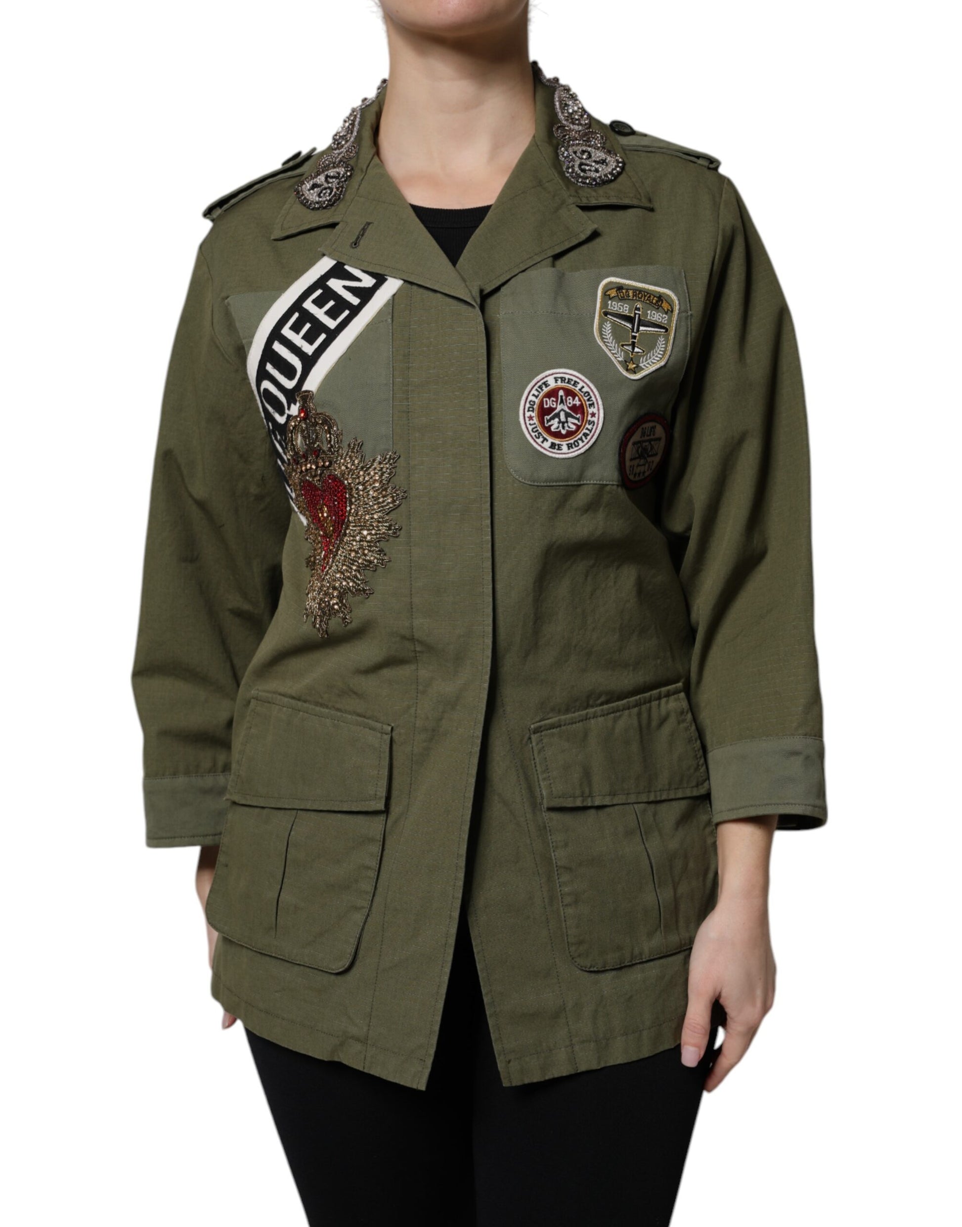 Dolce & Gabbana Military Green Queen Embellished Coat Jacket Dolce & Gabbana