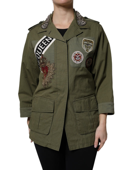 Dolce & Gabbana Military Green Queen Embellished Coat Jacket Dolce & Gabbana