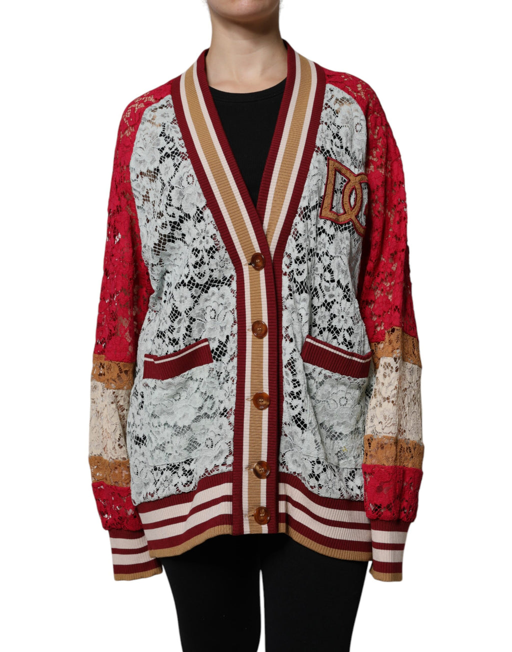 Multicolor floral lace cardigan sweater by Dolce & Gabbana with intricate flower patterns and delicate lace details.