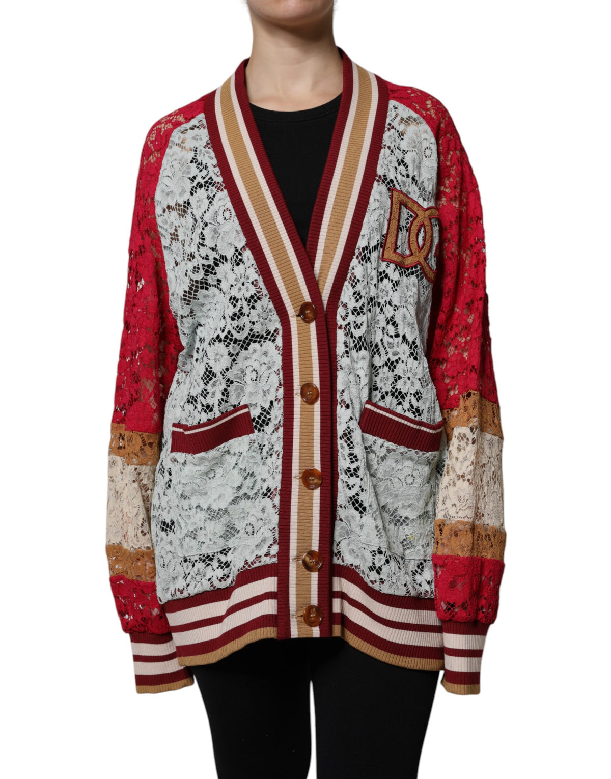 Multicolor floral lace cardigan sweater by Dolce & Gabbana with intricate flower patterns and delicate lace details.