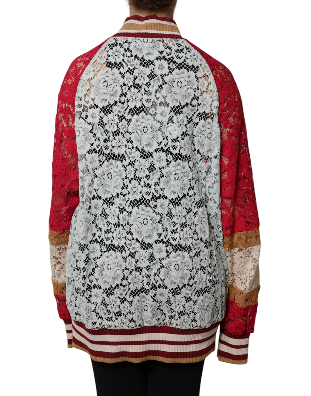 Multicolor floral lace cardigan sweater by Dolce & Gabbana with intricate lace details and vibrant floral patterns.