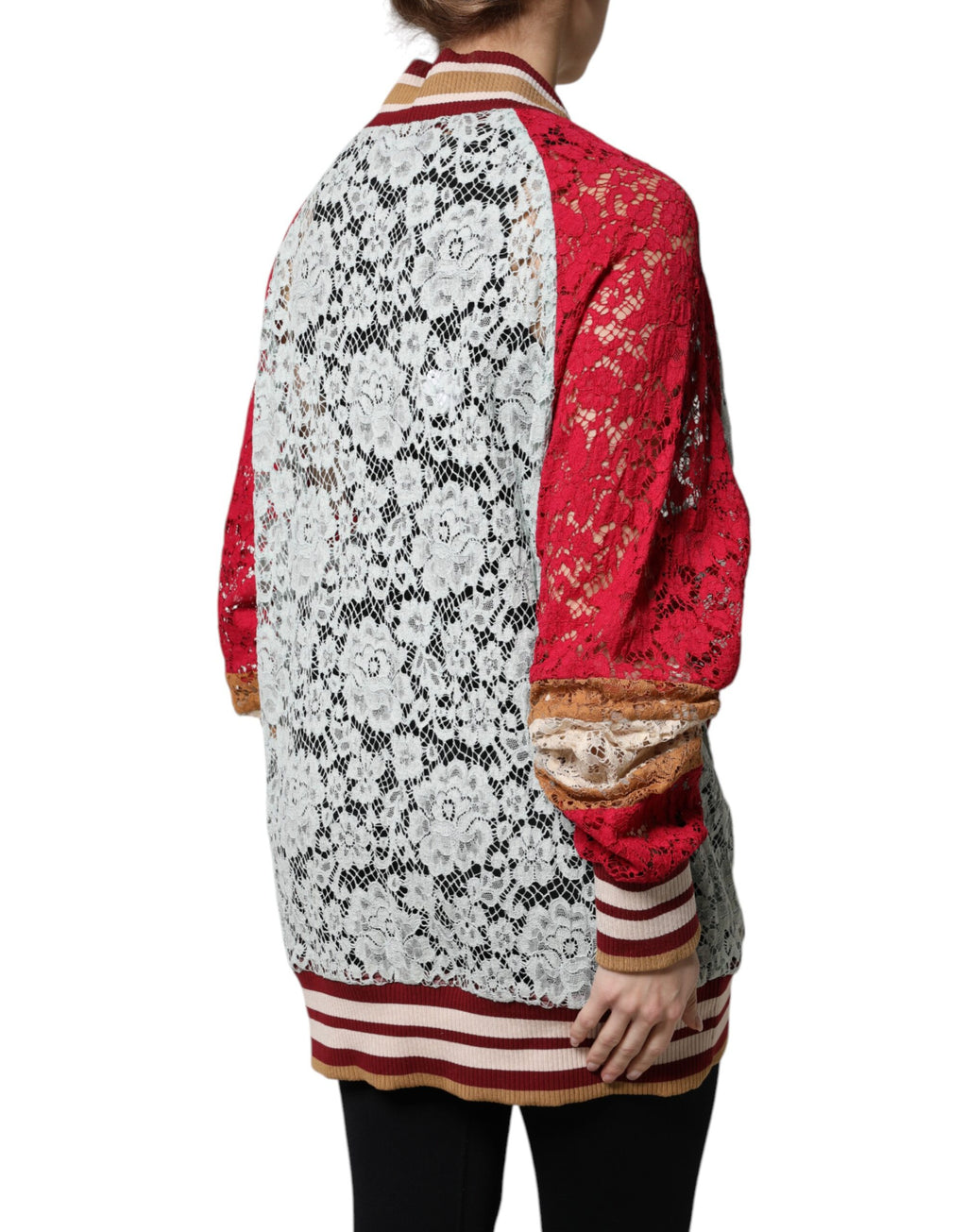 Multicolor floral lace cardigan sweater by Dolce & Gabbana featuring intricate lace details and a vibrant floral pattern.