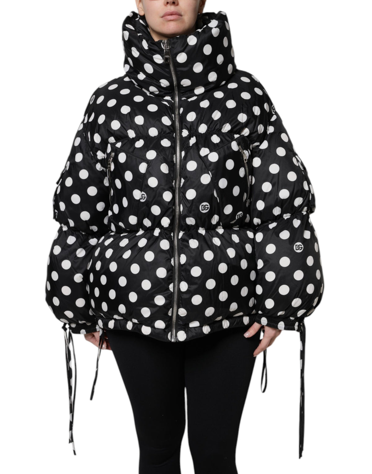 Dolce & Gabbana Black White Polka Dot Full Zip Puffer Jacket - Eljoys Fashion 