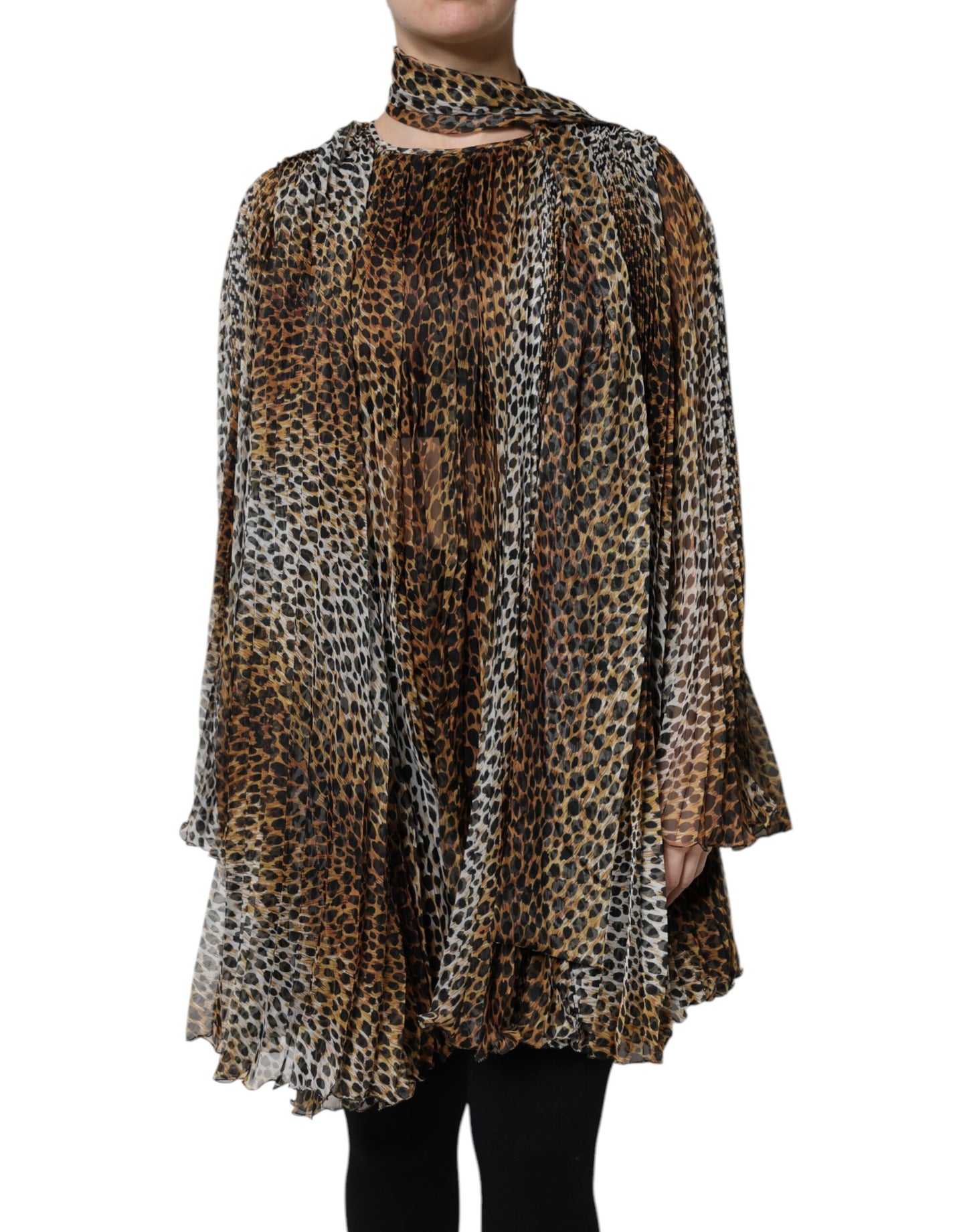 Dolce & Gabbana Brown Leopard Print Scarf Collared Chiffon Dress Dolce & Gabbana