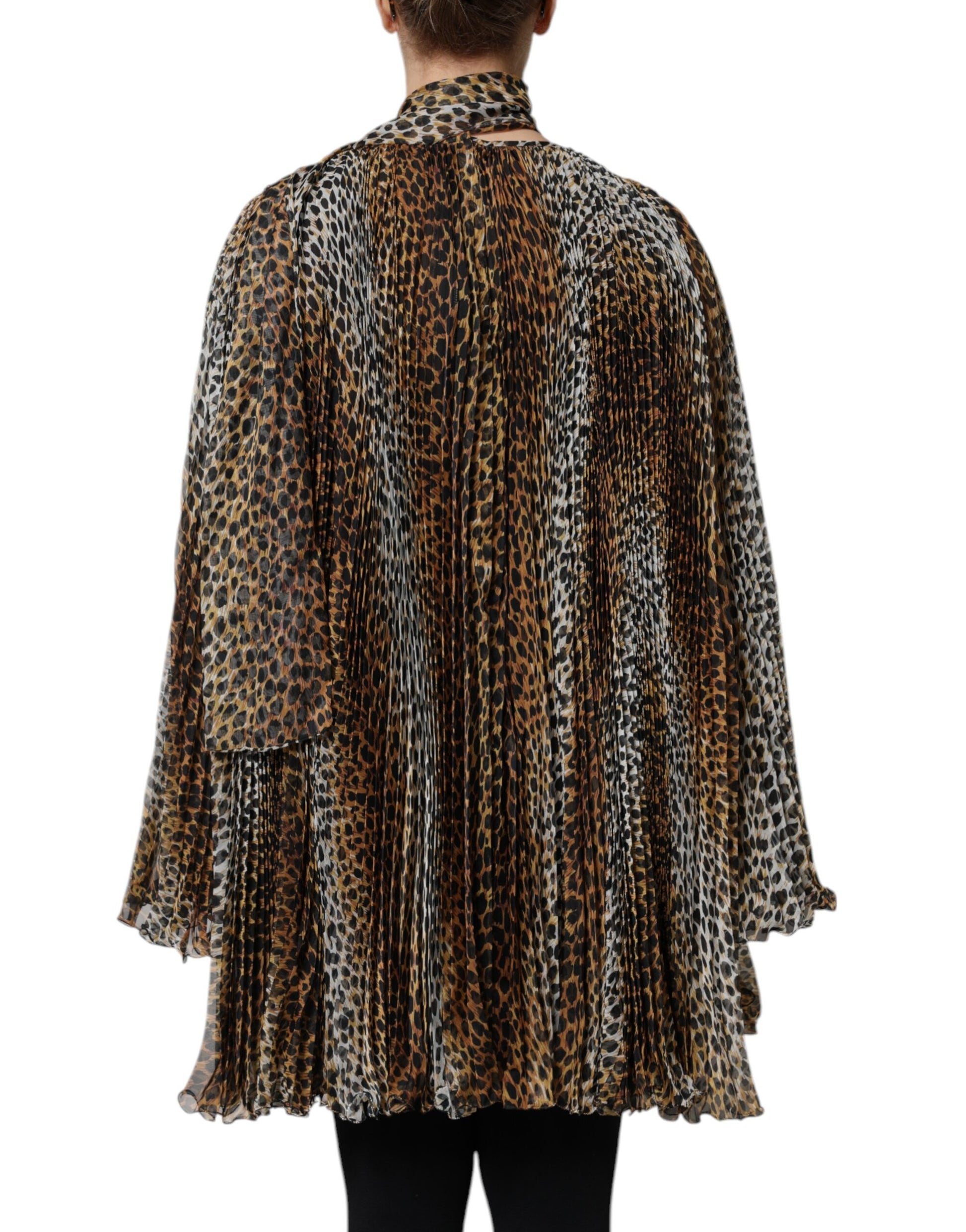 Dolce & Gabbana Brown Leopard Print Scarf Collared Chiffon Dress Dolce & Gabbana
