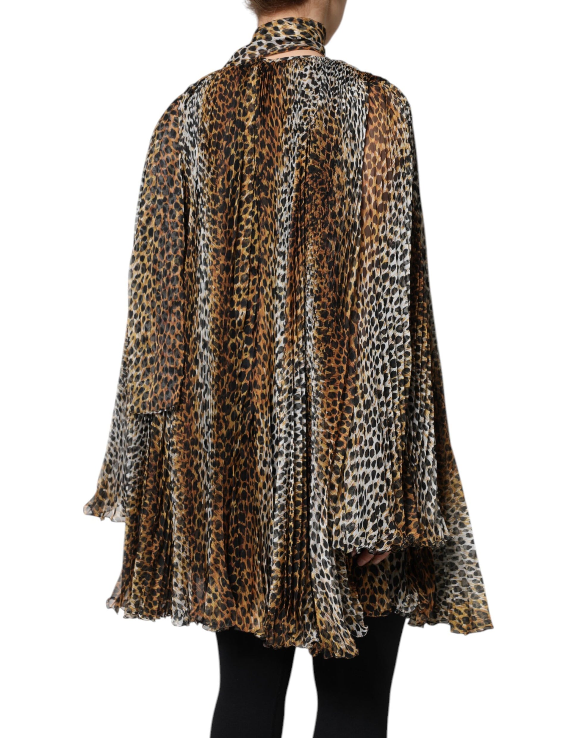 Dolce & Gabbana Brown Leopard Print Scarf Collared Chiffon Dress Dolce & Gabbana