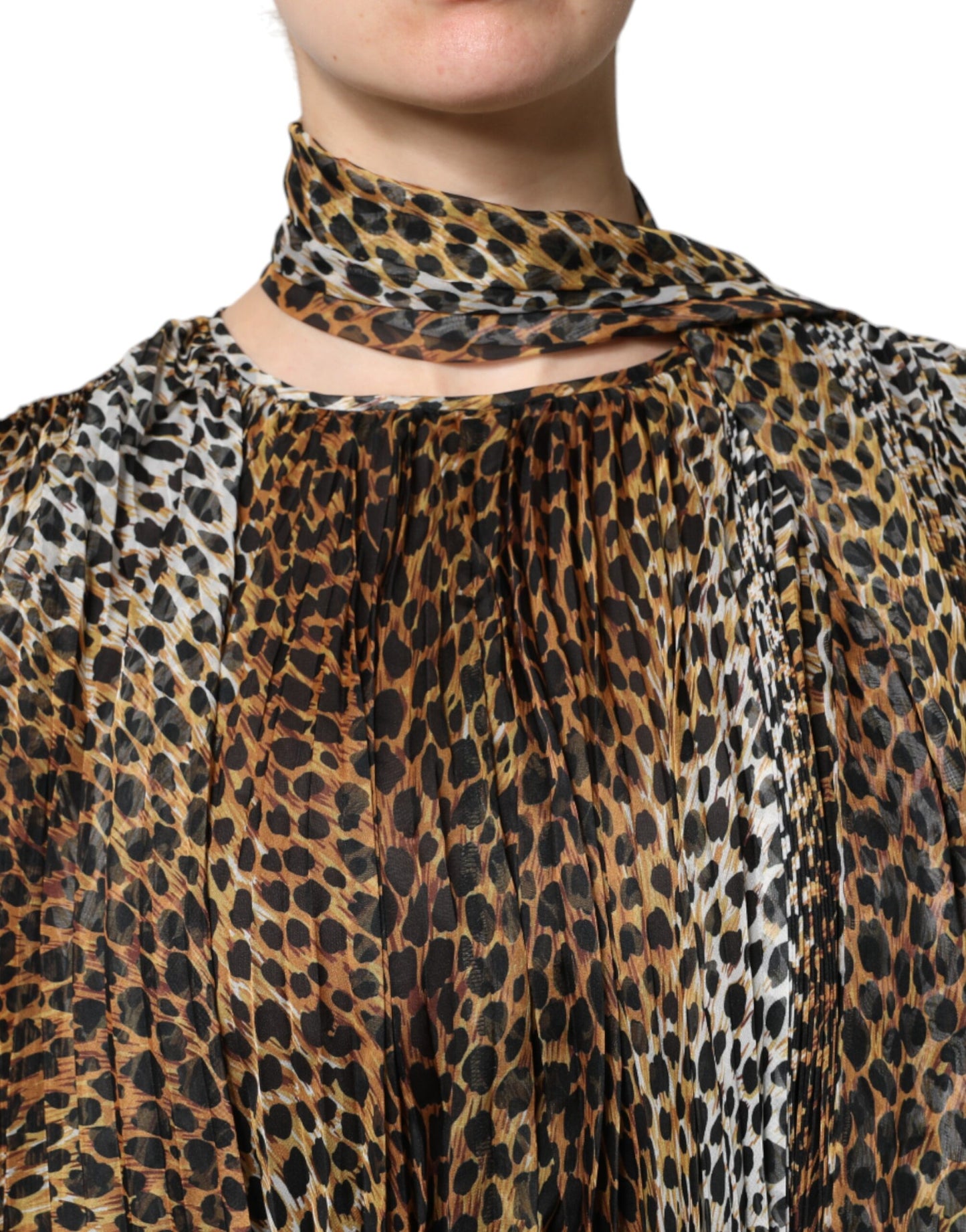 Dolce & Gabbana Brown Leopard Print Scarf Collared Chiffon Dress Dolce & Gabbana