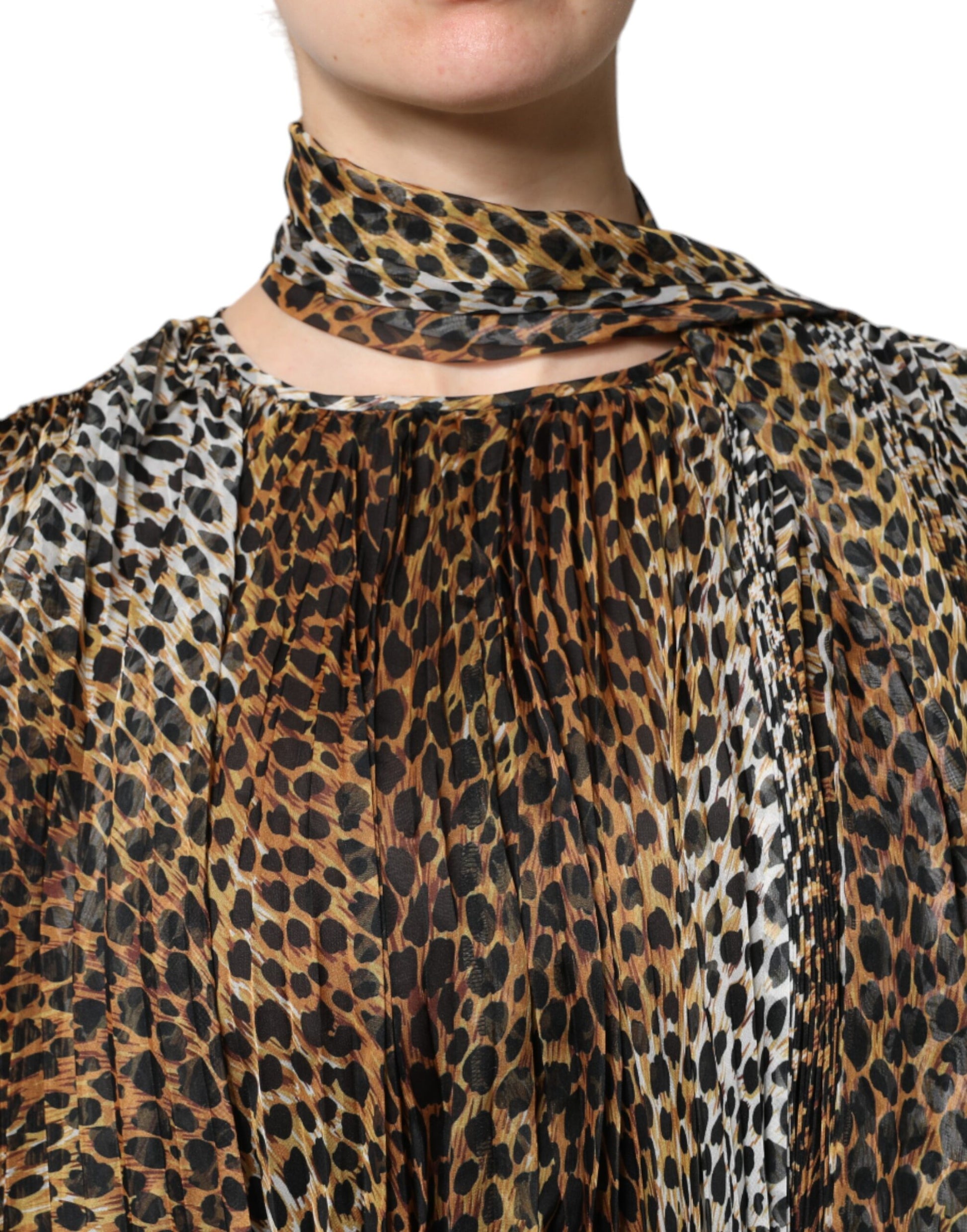Dolce & Gabbana Brown Leopard Print Scarf Collared Chiffon Dress Dolce & Gabbana