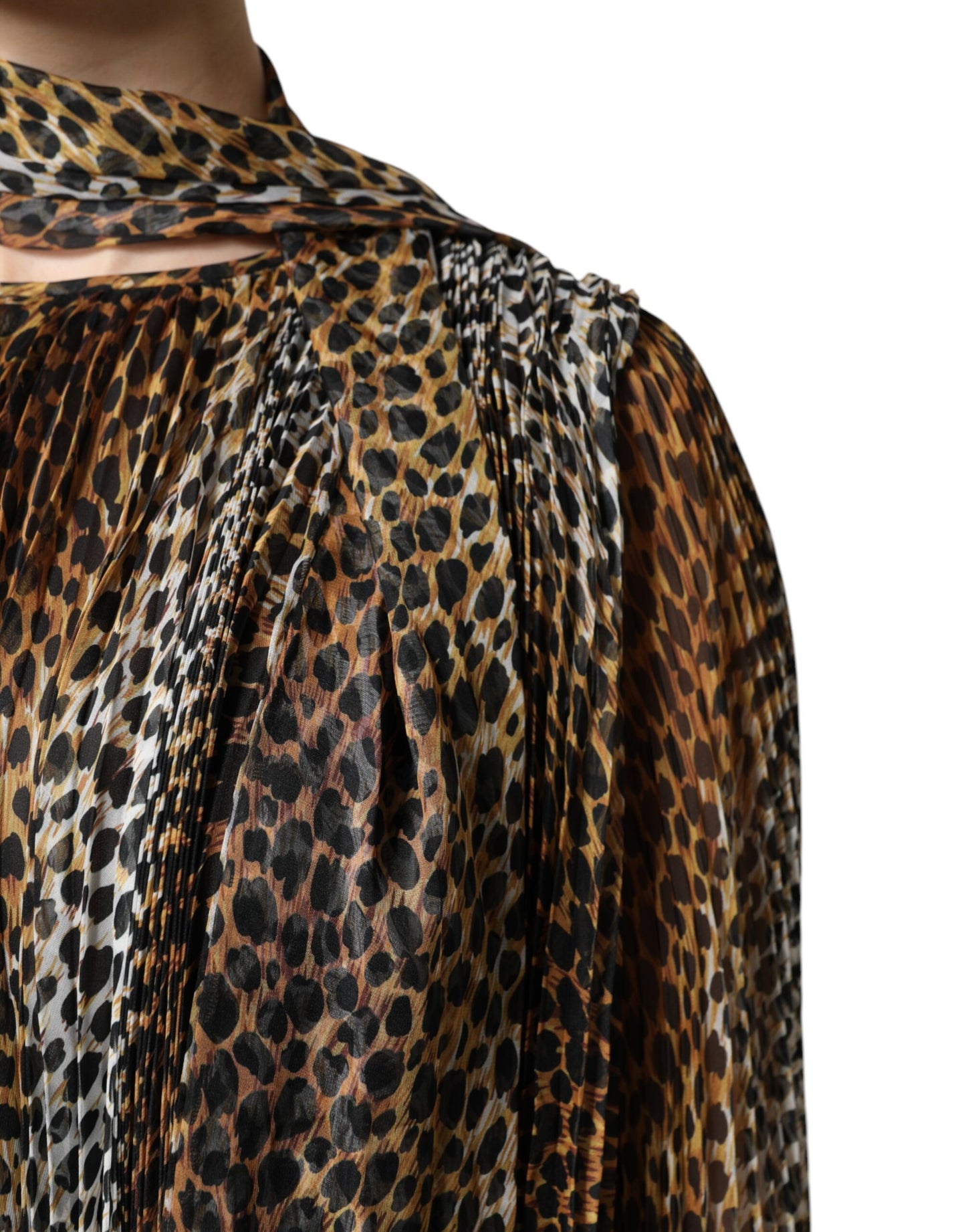 Dolce & Gabbana Brown Leopard Print Scarf Collared Chiffon Dress Dolce & Gabbana