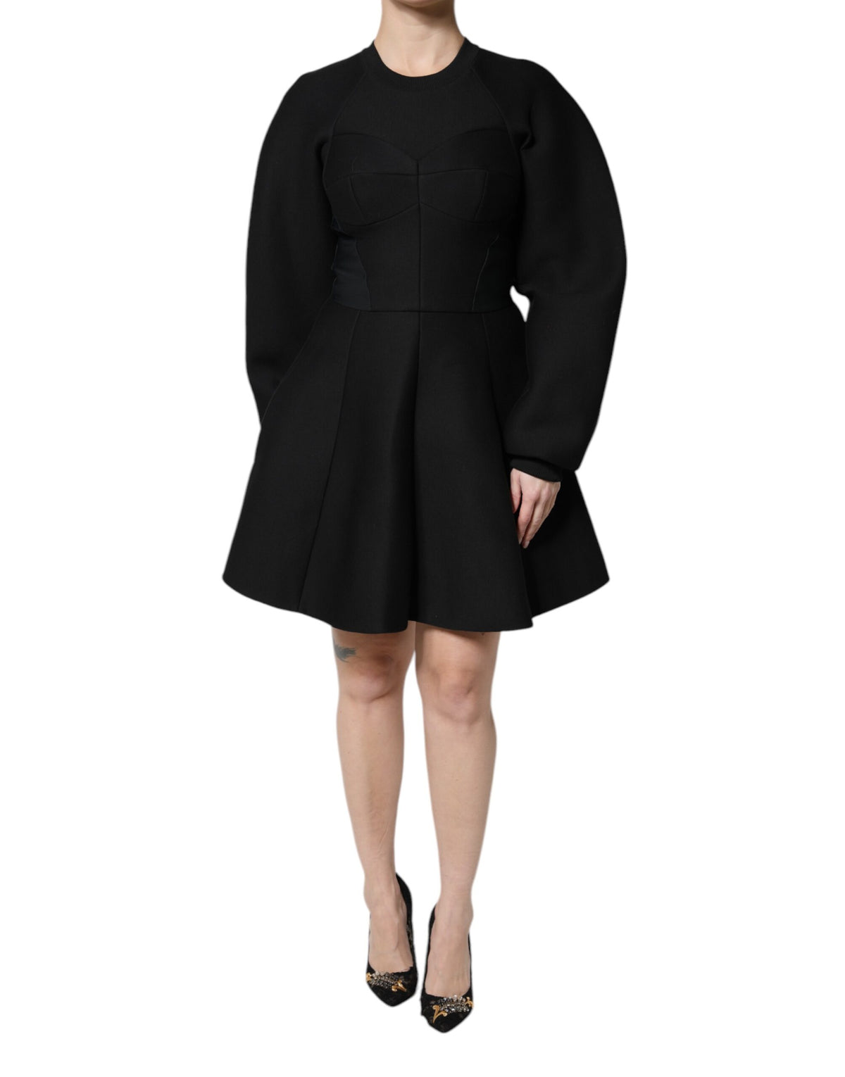 Dolce & Gabbana Black Cotton Long Sleeves A-line Mini Dress - Eljoys Fashion 