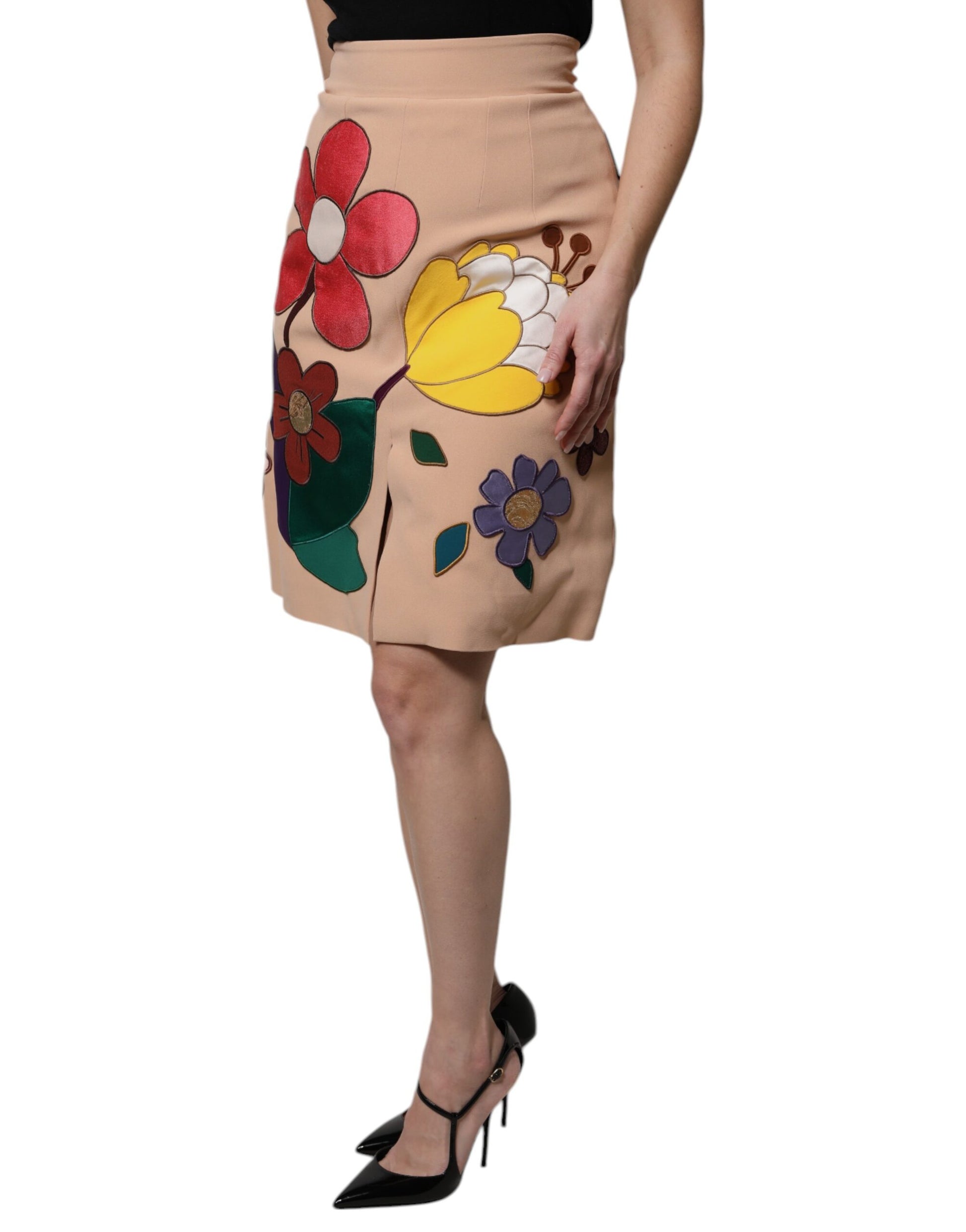 Dolce & Gabbana Beige Floral High Waist Pencil Cut Skirt Dolce & Gabbana
